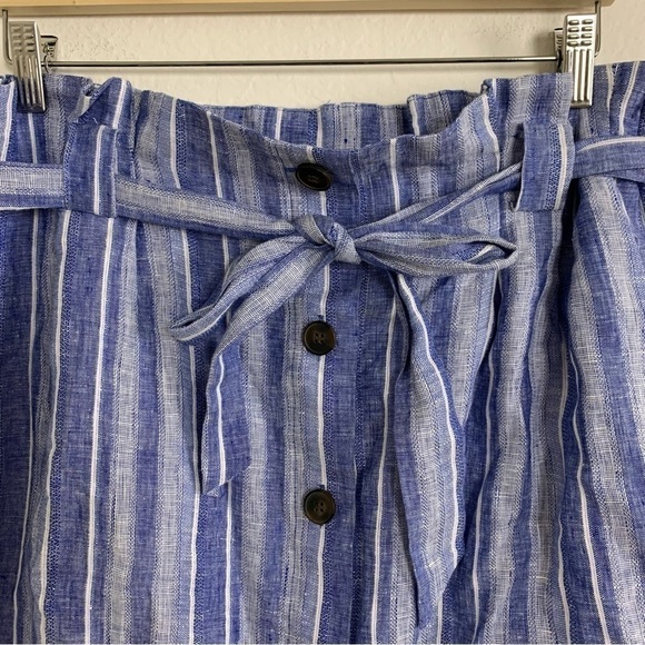 H&M Linen Striped Skirt Size 14 Paper Bag Waist Pockets Chambray - Picture 8 of 12